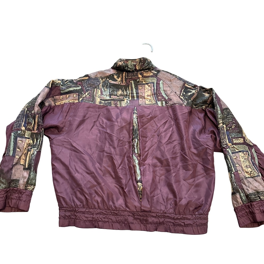 Beyond Performance Women's Burgundy Silk Bomber‎ Jacket Abstract Print Medium